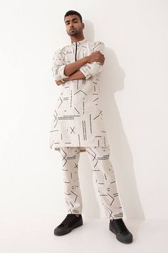 Ivory linen kurta with geometric and abstract print. Comes with pant. - Aza Fashions Men Kurta, Roll Up Sleeves, Band Collar, Pant Set, Aza Fashion, Abstract Print, Pants Set, Custom Made, For Men