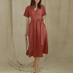 Women's 2024 Casual Dress Cotton Linen V Neck Short Sleeve Midi Dress Summer Short Sleeve V-neck Dress With Tie Waist, Summer Midi V-neck Dress With Tie Waist, Chic Solid Color Dress With Tie Waist, Solid Color Shift Midi Dress For Vacation, Midi Length Dress With Tie Waist For Day Out, Solid Color V-neck Dress For Daywear, Solid Knee-length V-neck Dress For Spring, Knee-length Summer Wrap Dress, Solid Spring Knee-length V-neck Dress