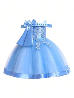 Young Girl Solid Color Tulle Spliced Satin Bowknot Decorated Sleeveless Fluffy Dress, Suitable For Birthday Party And Other Formal Occasions Baby Blue Party  Sleeveless Woven Fabric Colorblock,Plain,Plants A Line,Fit and Flare Non-Stretch All Young Girls Clothing, size features are:Bust: ,Length: ,Sleeve Length: Summer Princess Dress With Bow, Sleeveless Princess Dress With Bow For Dress-up, Summer Princess Dress With Bow For Birthday, Blue Sleeveless Dress For Party, Sleeveless Princess Dress With Bow For Birthday, Sleeveless Dress With Bow For Birthday, Summer Tulle Princess Dress With Bow, Summer Princess Dress With Bow In Tulle, Summer Princess Dress With Tulle And Bow