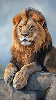 a painting of a lion sitting on top of a rock with his paw resting on the rock