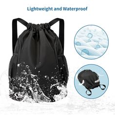 an image of a black bag with water drops on it and the words light weight and waterproof