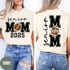 Comfort Colors Senior Mom Shirt - 2025 & Football Accents on Front and Back Get ready to show off your team spirit with this unique and personalized senior mom t-shirt! Featuring 2025 on the front with a football cleverly integrated as the O in Mom, and MOM spelled vertically down the back with a football acting as the O, this shirt is perfect for the proud football mom. Made on a cozy Comfort Colors shirt, this design is both stylish and comfortable, letting you cheer on your favorite player in Senior Football Mom Shirts 2025, Customizable T-shirt For Football Season, School Spirit T-shirt With Sublimation Print For Sports Events, White Sports Fan T-shirt With Custom Print, Customizable White T-shirt For Sports Season, Collegiate T-shirt With Custom Print For Fans, Customizable Crew Neck T-shirt For Fan Gear, Custom Print T-shirt For Sports Events, Collegiate Crew Neck T-shirt With Custom Print