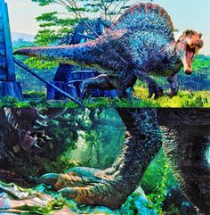 an artist's rendering of two dinosaurs attacking each other in the grass and trees