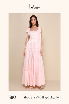 You'll stand out in everyone's memory with an adorable look like the Lulus Picturesque Allure Blush Pink Jacquard Tie-Strap Maxi Dress! Lightweight woven fabric, with a shiny, burnout floral jacquard and striped pattern throughout, falls from tying straps into a flattering square neckline and a princess-seamed bodice. High, fitted waist sits atop a ruffled, tiered skirt that finishes at an elegant maxi hem. Smocked panel at back and hidden zipper/clasp. Fit: This garment fits true to size. Lengt Bridesmaids Floral, Pink Wedding Guest Dresses, Bm Dresses, 13 Birthday, Blush Bridesmaids, Floral Prom Dresses, Nude Dress, Pink Bridesmaid Dresses, School Dance