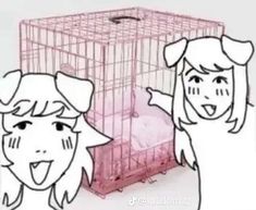 two women standing next to each other in front of a cage with a dog inside