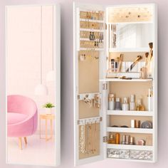 an open door to a pink chair in front of a mirror with makeup products on it