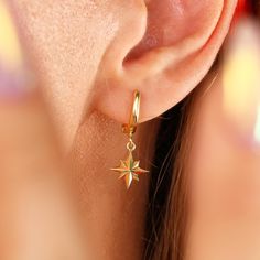 💖14 K Gold Star Earrings, Dangle Star Hoops, Celestial Jewelry, Elegant Star Charm Earrings, 925 Silver Hoop Star Earrings, Women's Fashion Jewelry💖 ⭐️ Do you want an unforgettable gift for your grandchildren, nephews, girlfriend, spouse or people you care about? Then just choose the our earring, necklace that they will love, and we will design on the gift box in the best way for you and turn your necklace or rings into an eternal memory! Elevate your elegance with these stunning gold star earrings. Designed for women who appreciate celestial beauty, these dangle star hoops feature a charming star pendant in a luxurious gold-toned setting. Perfect for special occasions or adding a touch of sparkle to your everyday look, these earrings are a timeless addition to any jewelry collection. Un Dangle Earrings With Star Charm, Celestial Style Tarnish Resistant Earrings, Celestial Star Jewelry, Dainty Star Charm Earrings, Hypoallergenic Star-shaped Jewelry, Hypoallergenic Star Shaped Jewelry, Celestial Sterling Silver Star Hoop Earrings, Starburst Earrings As Gift, Tarnish Resistant Star Earrings