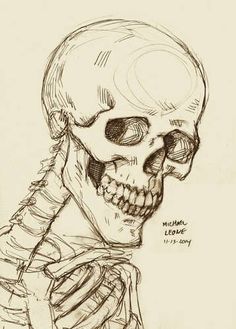 a drawing of a skeleton with his head turned to the side