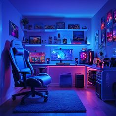 a gaming room with blue lighting and various computer monitors on the wall, along with a chair