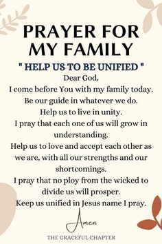 a prayer card with the words, prayer for my family help us to be united