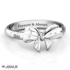 Designed as a high polished solid bow, this is a very romantic and delicate ring, suited for women of all ages. Personalize it with your choice of metal and up to 3 engravings. Cleaning Silver Jewelry, Monogram Ring, Bow Ring, Monogram Jewelry, Table 2, Initial Ring, Jojo Siwa, Feather Necklaces, Silver Prices