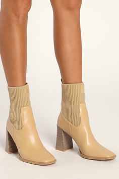 The Lulus Naynee Camel Square Toe Mid-Calf Boots are a perfect blend of cozy and chic! Sleek faux leather shapes these cute boots with a flat square toe upper that rises to a mid-calf shaft with contrasting ribbed knit to create a trendy sock silhouette. Seam detailing and a contoured block heel complete the look! 3. 75" stacked contoured block heel. Cushioned insole. Felted rubber sole has nonskid markings. Man made materials. Imported. Lulus | Naynee Camel Square Toe Mid-Calf High Heel Boots | Trendy Brown Mid-calf Boots With Square Toe, Trendy Mid-calf Square Toe Boots For Fall, Beige Wide Calf Mid-calf Boots For Winter, Trendy Brown Square Toe Boots, Trendy Brown Square Toe Heeled Boots, Beige Wide Calf Heeled Boots For Winter, Trendy Cream Boots For Fall, Winter Beige Mid-calf Boots Medium Width, Cream Knee-high Heeled Boots For Fall