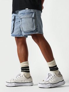 Cargo Denim Short Baby Blue    Denim Plain Wide Leg Non-Stretch  Men Clothing, size features are:Bust: ,Length: ,Sleeve Length: White Denim Cargo Jeans, Distressed Denim Cargo Jeans, White Denim Cargo Jeans For Streetwear, Casual White Denim Cargo Jeans, Casual Cotton Cargo Jeans With Frayed Hem, Jeans Cargo, Short Denim, Denim Short, Short En Jean