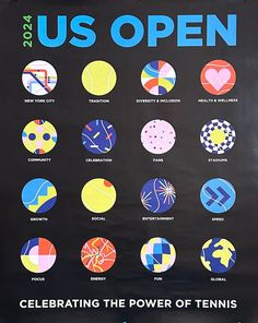 a poster with the words us open celebrating the power of tennis written in bold colors