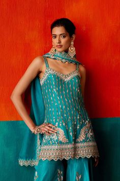 Aman Takyar | Turquoise Blue Embroidered Sharara Set | INDIASPOPUP.COM Embroidered Sharara, Kurta Sharara Set, Traditional Indian Outfits, Embroidery Neck Designs, Dupion Silk, Sharara Set, Silk Organza, Silk Embroidery, Bridal Couture