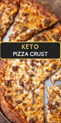 the keto pizza crust has been cut into four pieces and is ready to be eaten