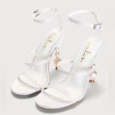 Linnett White Satin Sculpted Heel Ankle Strap Sandals ~ Sexy High Heel Sandals ~ Stilettos ~ Wedding ~ Bridal ~ Formal ~ Dancer ~ Homecoming ~ Party White Satin Stacked Pearl High Heels ~Sexy Triple Strap Stiletto Sandals New! Retail Price - $69 Color - Ivory/White Faux Suede Size - 7.5 4" Pearl Stacked Heel Cushioned Insole Rubber Sole Has Nonskid Markings Soft Faux Suede Shapes These Alluring Heels That Have An Almond-Shaped Toe Bed, A Dainty Toe Strap, & Matching Vamp Strap (With A Bit Of Ela Strappy Heels With Padded Heel For Wedding, Wedding Heels With Wrapped Heel And Strappy Design, Wedding Strappy Heels With Wrapped Heel, Pearl High Heels, Homecoming Party, Almond Shaped, Stiletto Sandals, Stiletto Pumps, White Satin