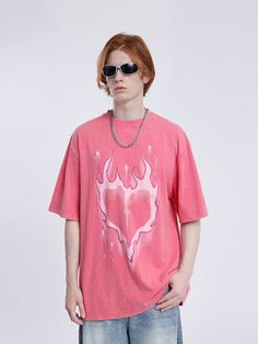 Aelfric Eden Heart Flame Print Tee – Aelfric eden Summer Tops With Heart Graphic And Crew Neck, Casual Short Sleeve T-shirt With Heart Print, Relaxed Fit Heart Print T-shirt For Summer, Casual Heart Print T-shirt For Streetwear, Casual Heart Print T-shirt For Spring, Trendy Heart Graphic T-shirt For Streetwear, Casual Red T-shirt With Heart Graphic, Oversized Heart Print Casual Tops, Casual Heart Print T-shirt With Relaxed Fit