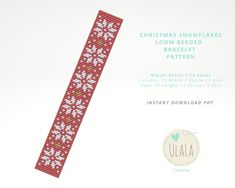 a red and white knitted bracelet with snowflakes on it, next to the instructions for how to crochet