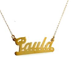 "Vintage 14K Yellow Gold \"Paula\" Script Name Charm Necklace - Paula measures 1\" wide and .5\" tall and is attached to a 14k yellow gold think link chain. Weight: 1.30 grams Length of chain: 16\"" 14k Gold Chain Jewelry For Anniversary, 14k Gold-tone Necklaces, White Gold Necklace With Gold Chain In Sterling Silver, 14k Yellow Gold Custom Fine Jewelry Necklace, Custom 14k Yellow Gold Fine Jewelry Necklace, 14k Yellow Gold Jewelry With Gold Chain, Gold Nameplate Necklace Stamped 14k, Personalized Gold-plated Custom Necklace, Engraved Gold-plated Chain Necklace