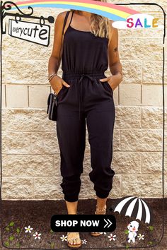 Black Drawstring Waist Spaghetti Straps Jumpsuit Casual Solid Color Spaghetti Strap Jumpsuit, Black Spaghetti Strap Jumpsuits And Rompers For Loungewear, Black Spaghetti Straps Jumpsuits For Loungewear, Casual Solid Jumpsuits And Rompers With Spaghetti Straps, Black Jumpsuits And Rompers For Summer Leisure, Casual Stretch Jumpsuits With Spaghetti Straps, Casual Stretch Jumpsuits And Rompers With Spaghetti Straps, Casual Fitted Jumpsuits And Rompers With Spaghetti Straps, Casual Fitted Jumpsuits And Rompers With Drawstring