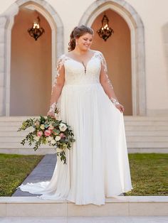 V Neck Appliques Lace Long Sleeve A Line Wedding Dresses - White / Floor Length - wedding dresses Cheap Wedding Dress Boho, Short Bridal Dress, Knee Length Wedding Dress, Stella York Wedding Dress, Sleeved Wedding, Beach Wedding Dresses, Chiffon Wedding Dress, Stella York, Lace Chiffon