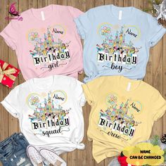 three t - shirts with the words, name and birthday girl on them in different colors