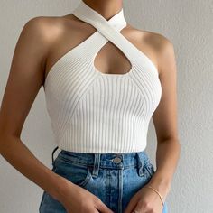 Tic Toc Going Out Top Size Small Can Be Worn Many Different Ways New With Tags Tic Toc Shirt, Halter Neck Crop Top, Going Out Tops, Neck Crop Top, White Crop Top, Ribbed Fabric, White Tops, Halter Neck, High Waist Jeans