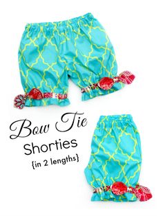 two shorts with bows on them and the words bow tie shorties in 2 lengths