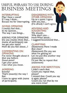 a poster with the words useful phrases to use during business meetings and an image of a