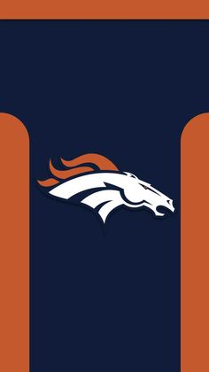 the denver football team logo on an orange and blue striped background with white horse head