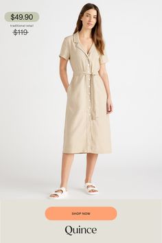 This midi linen dress should be in every wardrobe. Made from 100% organic linen and designed to be versatile, with elegant buttons down the front, and two pockets at the waist, and adjustable removable belt for the perfect fit.  | Quince | Women's Short Sleeve Dress in Driftwood, Size Large, Linen Linen Midi Dress With Tie Waist For Daywear, Linen Midi Dress With Tie Waist, Casual Linen Belted Dress For Daywear, Casual Belted Linen Dress For Daywear, Belted Linen Dress For Daywear, Linen Midi Dress With Button Closure, Casual Linen Midi Dress With Button Closure, Casual Linen Midi Dress With Tie Waist, Linen Midi Dress With Tie Waist For Day Out