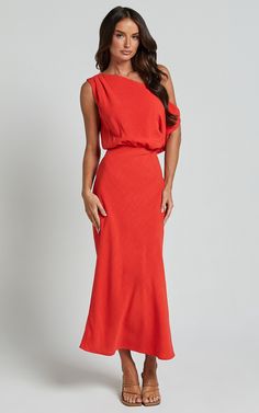 Jacqueline Midi Dress - Linen Look One Shoulder Dress in Sunset | Showpo USA Ruched One Shoulder Maxi Dress For Cocktail, Chic One Shoulder Ruched Dress For Evening, Chic Ruched One Shoulder Evening Dress, Summer One Shoulder Fitted Top For Date Night, Fitted One Shoulder Top For Date Night In Summer, One Shoulder Ruched Maxi Dress For Cocktail, One-shoulder Ruched Maxi Dress For Cocktail, Fitted One Shoulder Maxi Bridesmaid Dress, Summer Fitted One Shoulder Top For Date Night