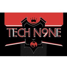 the tech none logo on a black background with red and white lettering that reads,