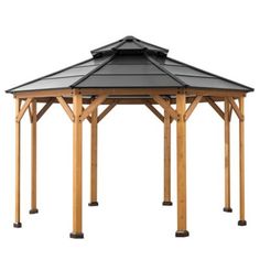 a wooden gazebo sitting on top of a white background