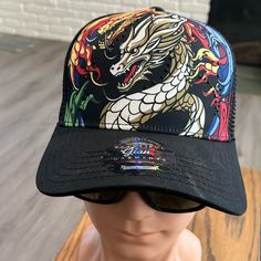 Cool Dragon Cap Casual Multicolor Fitted Hat With Curved Brim, Casual Multicolor Curved Brim Fitted Hat, Casual Multicolor Flat Bill Fitted Hat, Multicolor One Size Fits Most Baseball Cap For Streetwear, Multicolor Casual Trucker Hat With Curved Bill, Casual Multicolor Trucker Hat With Curved Bill, Casual Multicolor Baseball Cap, Casual Multicolor Snapback Trucker Hat, Multicolor Snapback Baseball Cap For Streetwear