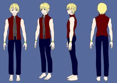 an animation character with blonde hair and blue eyes, wearing red shirt and black pants