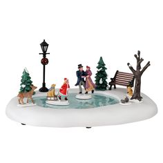 a christmas scene with people and dogs in the snow near a bench, lamppost and trees