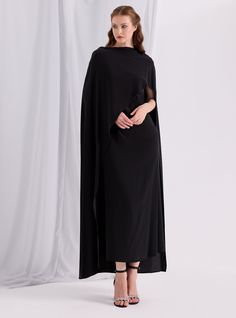 WF ATELIER Black Two-piece Dress and Cape, you can style separately with different outfıt Model height: 177 CM 100% Viscose Length: 137 cm Cape Long sıde :145 cm Pre-draped Cape Evening Dress, Elegant Formal Dresses With Cape Sleeves, Pre-draped Long Sleeve Evening Dress, Long Sleeve Pre-draped Evening Dress, Evening Long Sleeve Pre-draped Dress, Cocktail Evening Dress With Cape Sleeves, Elegant Dress With Cape Sleeves, Formal Black Dress With Draped Sleeves, Chic Evening Dresses With Cape Sleeves