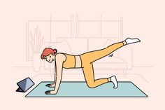 a woman is doing push ups on a yoga mat in front of a laptop computer