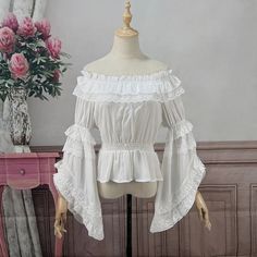 Material: POLYESTER Size Bust (CM) Bust (Inch) Shoulder (CM) Shoulder (Inch) One Size 70-100 27.56-39.37 44 17.32 Fitted White Peasant Top With Ruffles, White Fitted Long Sleeve Peasant Top, White Ruffled Cotton Peasant Top, White Lantern Sleeve Blouse For Fall, White Cotton Peasant Top With Ruffles, Fitted White Peasant Top With Long Sleeves, White Peasant Blouse For Fall, White Peasant Blouse For Fall Season, White Long Sleeve Peasant Top For Fall