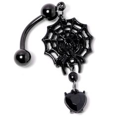 Black Gem Black Spiderweb Halloween Reversible Dangle Belly Ring If you're ready to get into the spirit of Halloween then you will love this 14 gauge navel jewelry with scary style! Made with a 3/8" black plated over 316L surgical grade stainless steel curved barbell, this reversible navel ring features a spiderweb dangle charm with a black gem spider as well as a black gem heart dangle charm that is perfect for trick or treating or a gothic ball.Specifications14 Gauge (1.6mm), 3/8" (10mm), Blac Witchy Black Jewelry For Halloween, Black Witchy Jewelry For Halloween, Witchy Black Halloween Jewelry, Spooky Black Jewelry For Halloween, Edgy Halloween Jewelry, Edgy Black Body Jewelry For Gifts, Spooky Black Halloween Jewelry, Edgy Black Body Jewelry For Gift, Emo Pierced Jewelry For Halloween