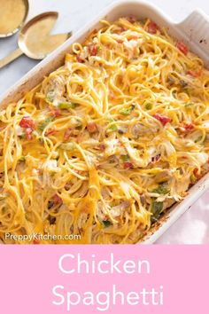 You will love this easy homemade Chicken Spaghetti recipe. This easy casserole dish is full of spaghetti noodles, shredded chicken, tomatoes, and peppers tossed in a creamy, cheesy sauce. A classic comfort dish you can make in advance, weeknight dinners become a breeze. Shredded Chicken Casserole, Rotel Recipes, Chicken Tomatoes