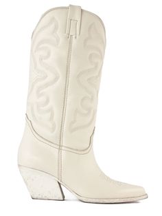 White leather Texan boots with pointed design, tone on tone stitching, leather sole, heel height 70mmComposition: Leather, 100% Western Calf Leather Heeled Boots With Pointed Toe, Cream Leather Snip Toe Heeled Boots, Cream Leather Heeled Boots With Snip Toe, Cream Leather Snip Toe Boots, Cream Snip Toe Leather Boots, Cream Pointed Toe Calf Leather Boots, Cream Pointed-toe Calf Leather Boots, Cream Leather Boots With Snip Toe, Cream Calf Leather Boots With Reinforced Heel