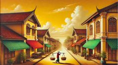 Experience the serene beauty of traditional Vietnamese life with this exquisite canvas print, "Golden Morning in the Village." Perfectly capturing the essence of rural Vietnam, this artwork brings to life the timeless charm of wooden houses, red-tiled roofs, and the warm glow of early morning light.  * Cultural Depth: The central figure of a villager carrying balanced baskets    symbolizes the resilience and dedication of traditional Vietnamese life. * Artistic Detail: The intricate textures of Golden Morning, Wooden Houses, My Place, Morning Light, The Village, Early Morning, Light And Shadow, Remote Work, Living Rooms