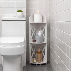 a white toilet sitting inside of a bathroom next to a shelf filled with bottles and soaps