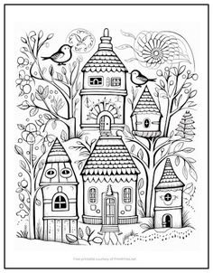 a black and white drawing of a house in the woods with birds flying over it