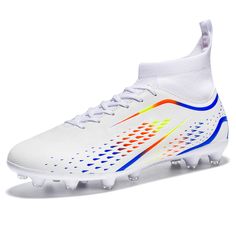 a white soccer shoe with multicolored stripes on the upper part of the shoe