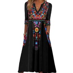 PRICES MAY VARY. Title: Akivide Fall Mexican Dress for Women,3/4 Sleeve V Neck Floral Embroidered Print Maxi Dresses with 2 Pockets. Product Type: Departments > Women > Clothing > Dresses > Casual Midi Shift Dress, Shift Dresses, Ethnic Dress, Floral Print Midi Dress, Palau, Bhutan, Tonga, Printed Midi Dress, Sierra Leone