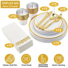 gold and white dinnerware set with matching napkins, forks, knives and spoons